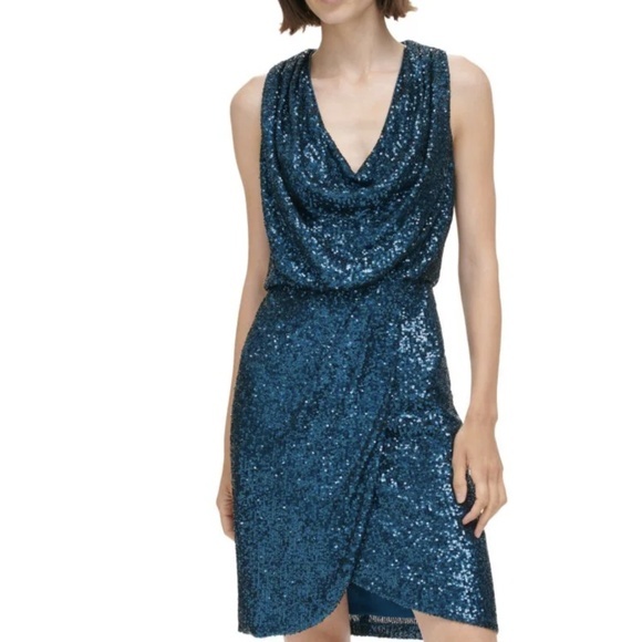 Eliza J Dresses & Skirts - Eliza J Sequin Cowl Neck Sheath‎ Dress in Teal – NWT Size 2